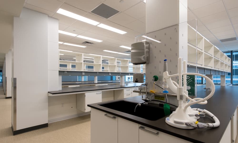 Research wet laboratory with bench-top receptacles, fume hoods, and overhead service carriers energized for scientific work